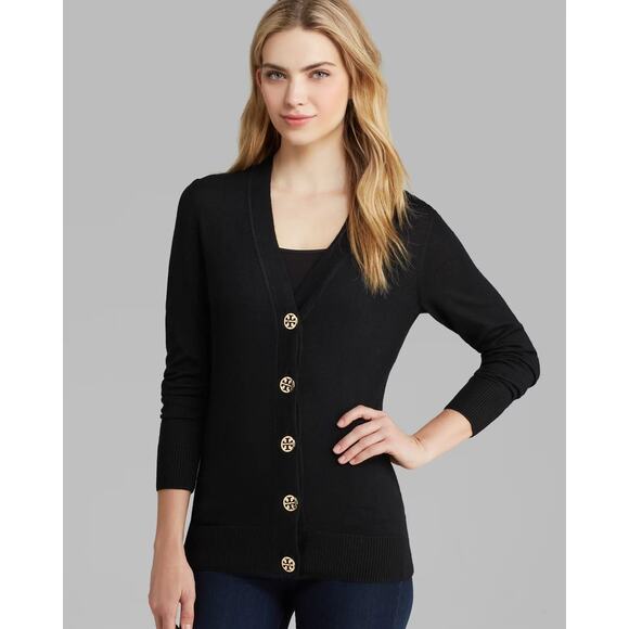 TORY BURCH Simone Cardigan Black Gold Oversized Logo Buttons Merino Wool Size XS - Picture 6 of 8